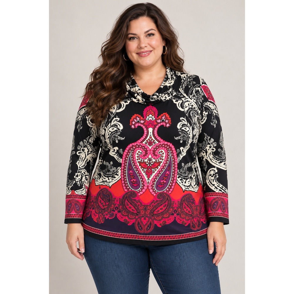 Susan Graver Cowl Neck Top Womens 1X Black Pink Paisley Long Sleeve Liquid Knit